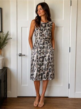 Etcetera 100% Silk Geometric Belted Midi Dress in Beige, Gray, Cream and Pink